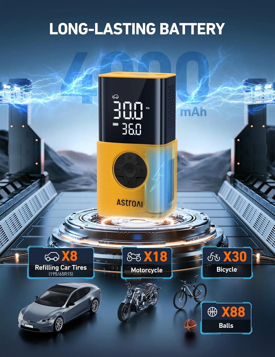 AstroAI Tire Inflator L7S Portable Air Compressor Cordless Bike Pump with Digital Dual Values Display, 150 PSI Car Tires Pump with LED Lights Air Pump for Cars, Motorcycles, Bikes, Balls