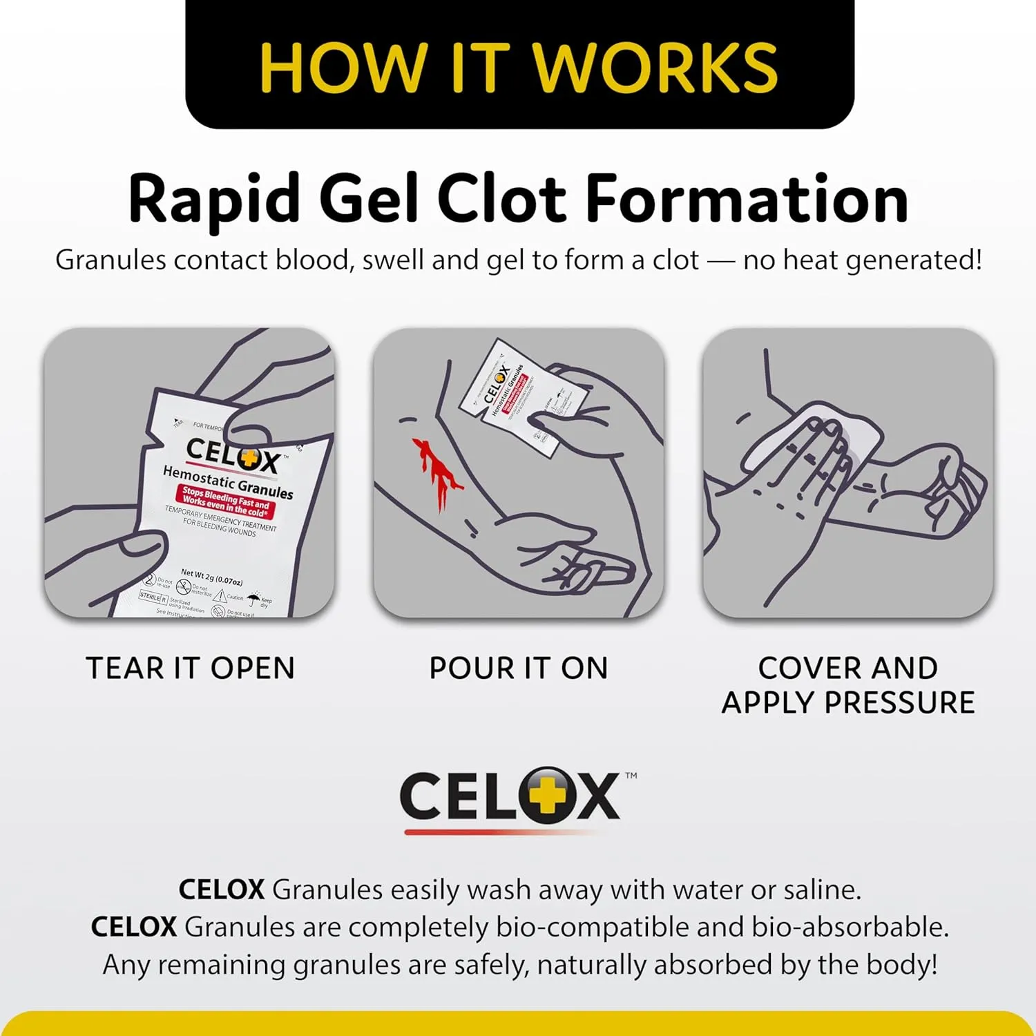 Celoxs Granular Hemostat First Aid Blood Clotting Powder for Wound Care, Camping Safety, and Quick Clot Solution for Moderate to Severe Bleeding, Aid to Stop Bleeding Products 10 Count ILIOS Packaged