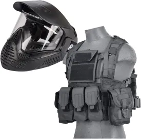Full Pack Airsoft Tactical Gear- Lancer Tactical Full Face Airsoft Mask with Visor Black with Airsoft Vest CA-307 Modular Airsoft Chest Rig (Black)