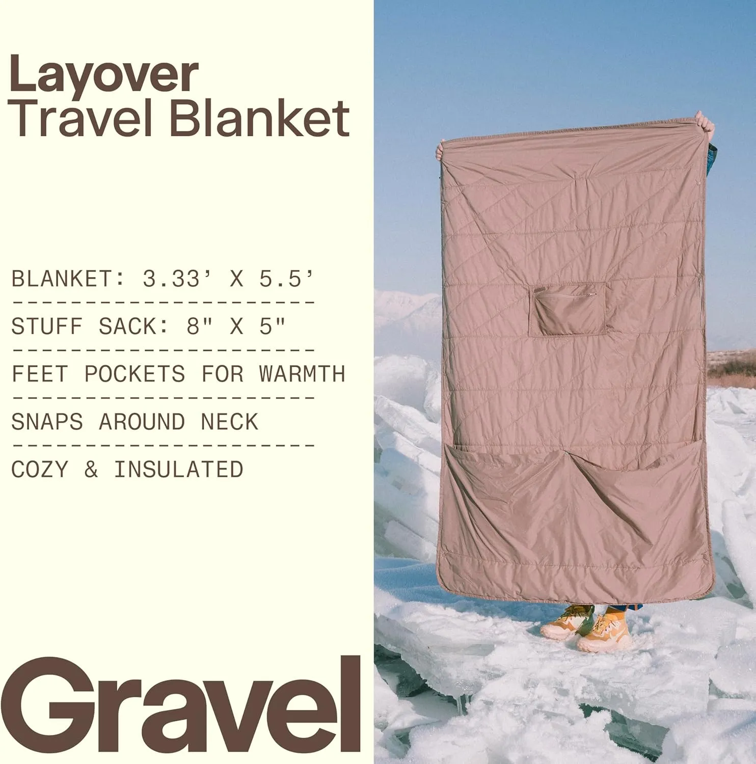 Gravel Layover Blanket  Compact, Down Alternative, 66" x 40", Designed in USA