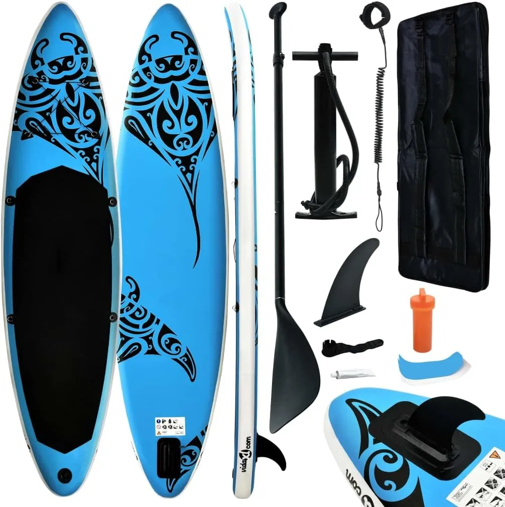 Inflatable Stand Up Paddleboard Water Sport Set for All Skill Levels Included with SUP Board, Aluminum Oar, Removable Fin, High Pressure Hand Pump... Blue 144.1"x29.9"x5.9" -AA