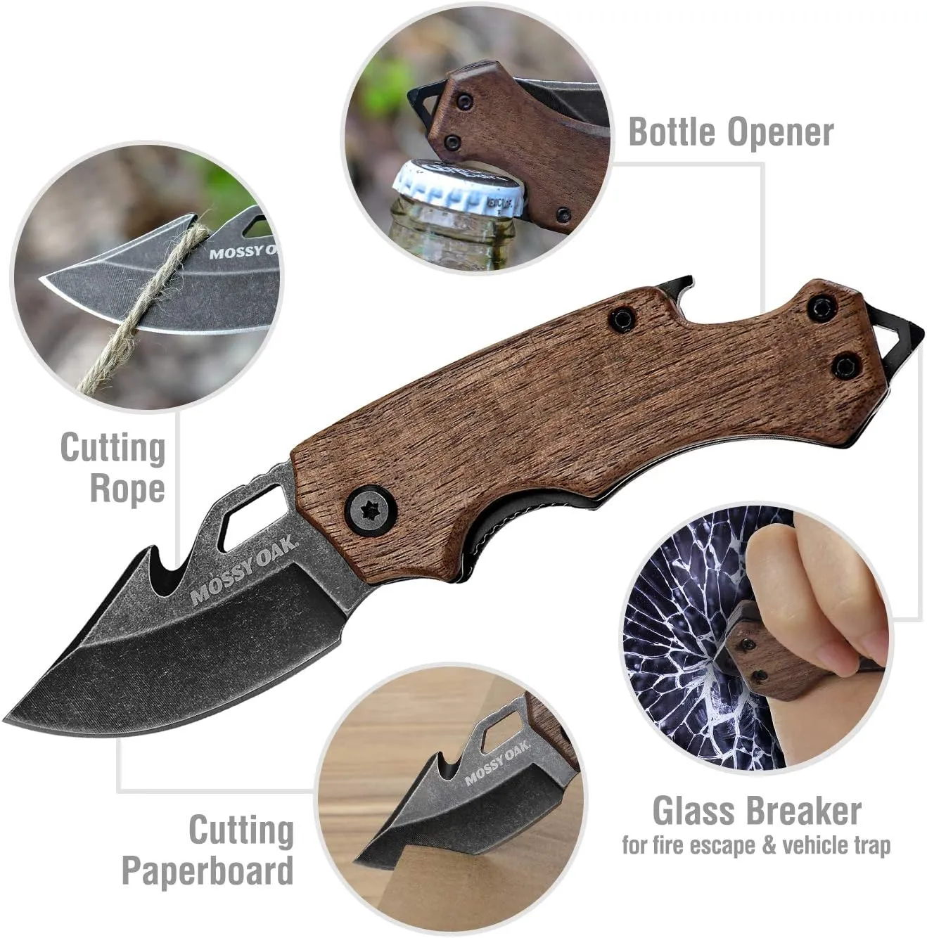 MOSSY OAK Mini Folding Pocket Knife, Stainless Steel Drop Point Blade - EDC Multi-tool with Bottle Opener and Glass Breaker
