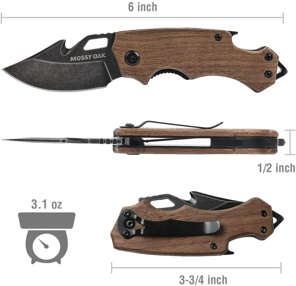 MOSSY OAK Mini Folding Pocket Knife, Stainless Steel Drop Point Blade - EDC Multi-tool with Bottle Opener and Glass Breaker