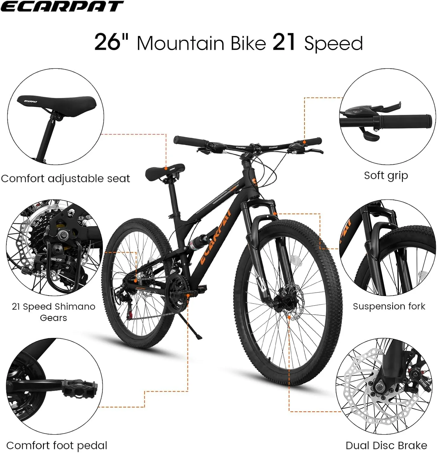 Mountain Bike 24/26/27.5 Inch,Full Dual Suspension, 21-Speed Disc Brake,Carbon Steel/Aluminum Adult Sport Bicycle for Mens Womens
