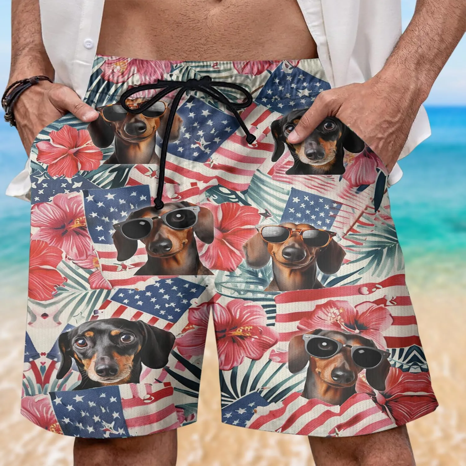 Tropical Dog Mens Swim Trunks - US Patriot Hawaiian Mens Shorts Casual, Summer Drawstring Beachwear Shorts