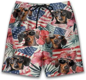 Tropical Dog Mens Swim Trunks - US Patriot Hawaiian Mens Shorts Casual, Summer Drawstring Beachwear Shorts