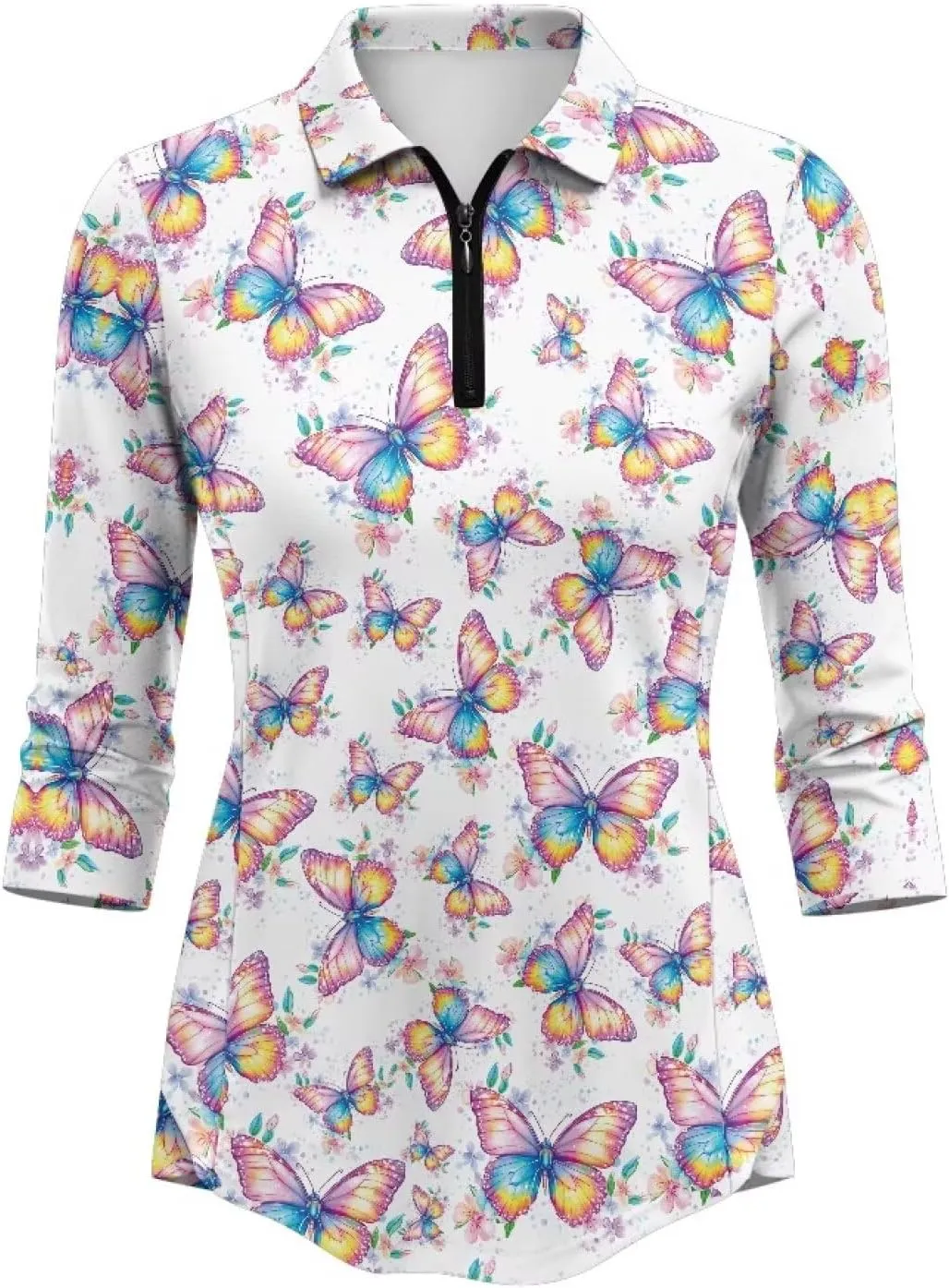 Womens 3/4 Sleeve Golf Shirts Moisture Wicking Golf Polo Shirts Tennis Tops V Neck Golf Polo Shirt Size S-2XL