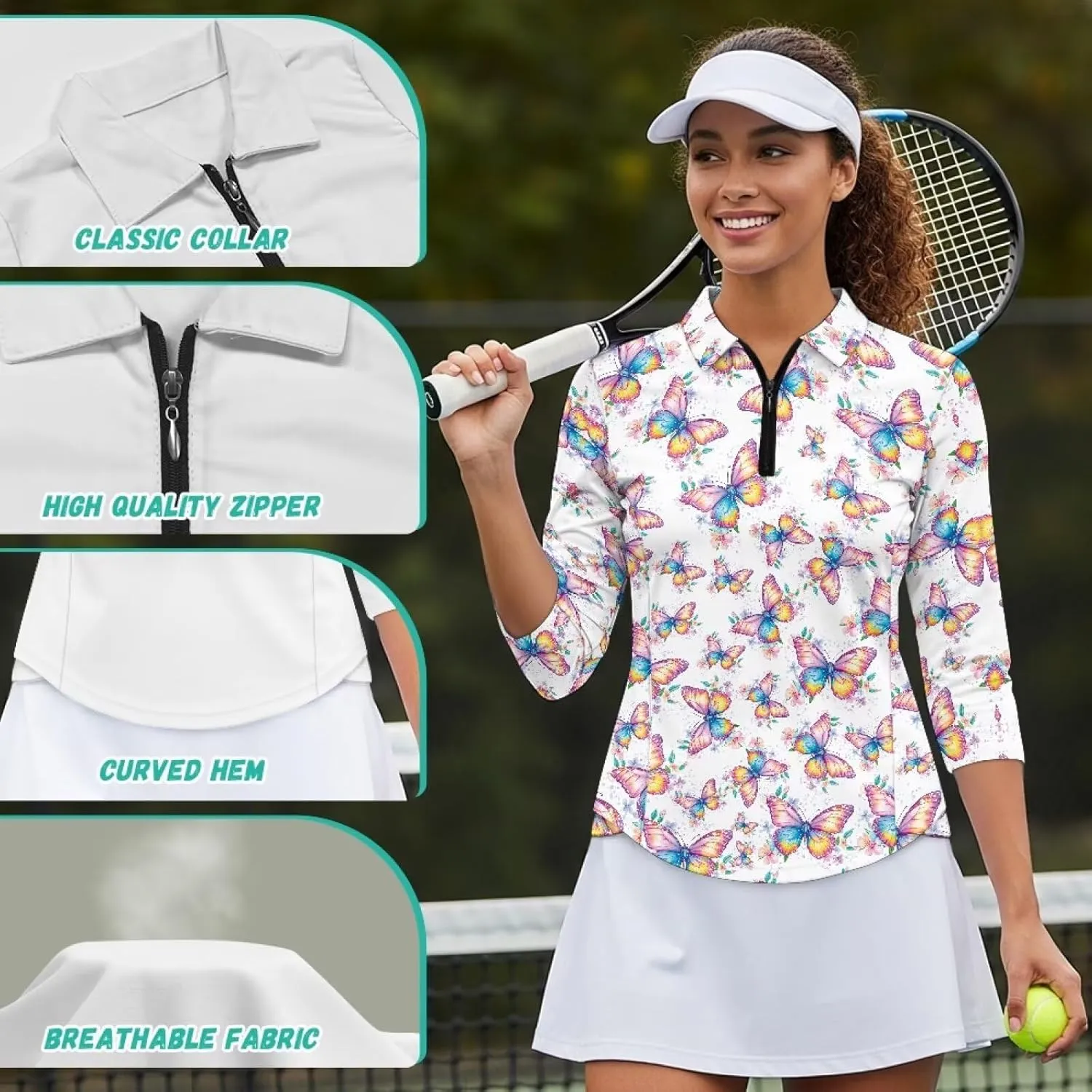 Womens 3/4 Sleeve Golf Shirts Moisture Wicking Golf Polo Shirts Tennis Tops V Neck Golf Polo Shirt Size S-2XL