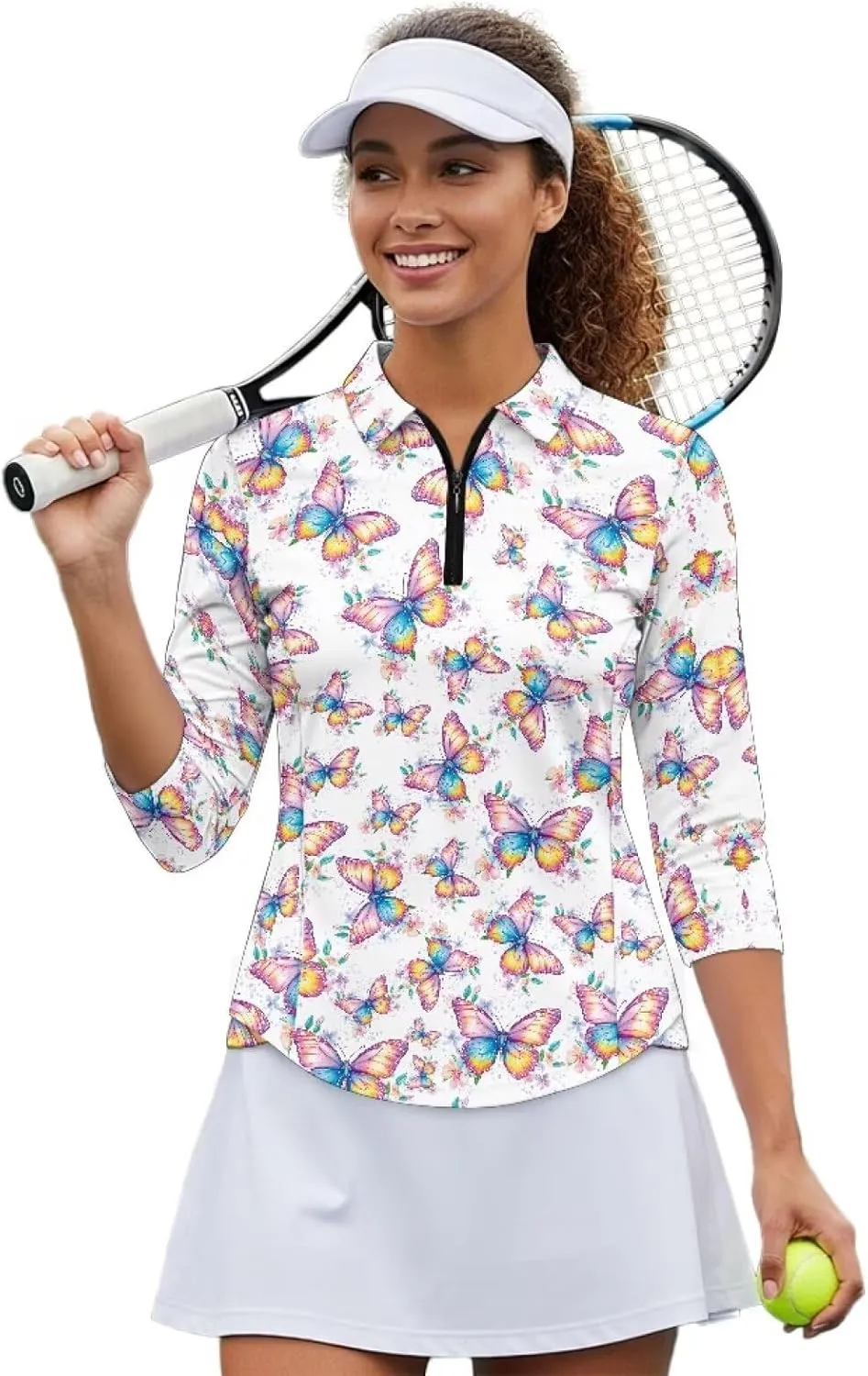 Womens 3/4 Sleeve Golf Shirts Moisture Wicking Golf Polo Shirts Tennis Tops V Neck Golf Polo Shirt Size S-2XL