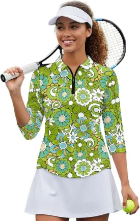 Womens 3/4 Sleeve Golf Shirts Moisture Wicking Golf Polo Shirts Tennis Tops V Neck Golf Polo Shirt Size S-2XL