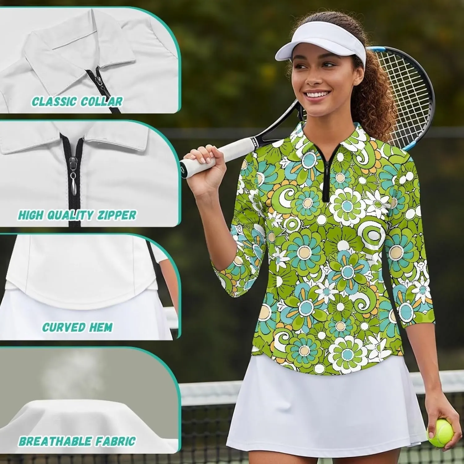 Womens 3/4 Sleeve Golf Shirts Moisture Wicking Golf Polo Shirts Tennis Tops V Neck Golf Polo Shirt Size S-2XL