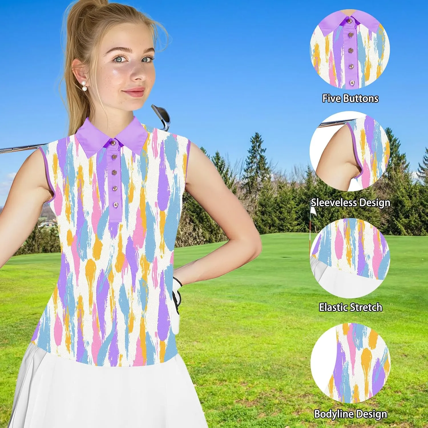 Women's Slim Fit Sleeveless Golf Polo Shirts Hawaiian Floral Moisture Wicking Tennis Tank Top with UPF 50  Protection
