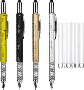Zhanmai 4 Pieces 8 Pcs Gifts for Men Fathers Day Dad Gifts from Daughter Son Wife 6 in 1 Multitool Pen Set with Refills Screwdriver Ruler Levelgauge Birthday Graduation (Gold,Black,Silver,Yellow)